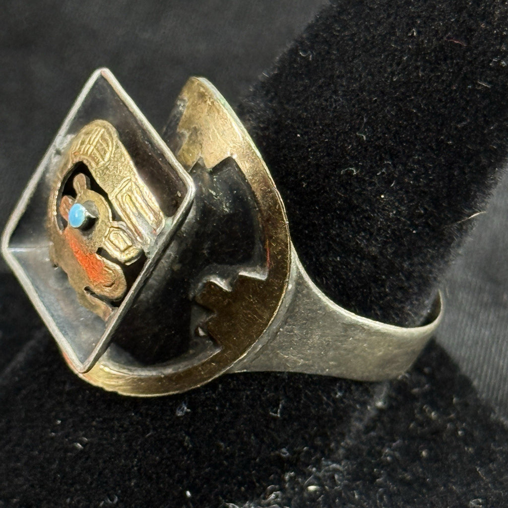 Estate Sterling Silver 18K Gold Ring Peruvian Turquoise Bird Ring Size 10