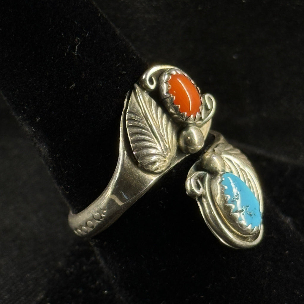 Navajo Richard And Rita Begay Sterling Silver Turquoise Coral Bypass Ring SZ8