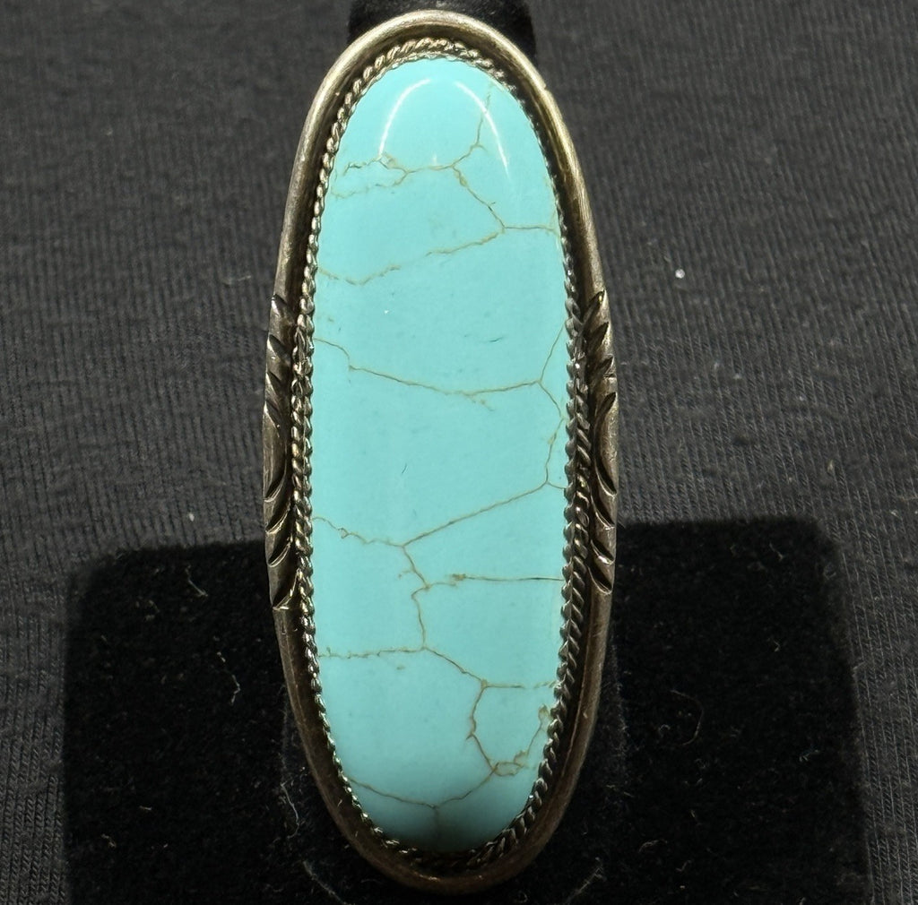 Native Turquoise Sterling Silver Ring Size 6.5 925 Dine Begaye Elongated 2 Inch