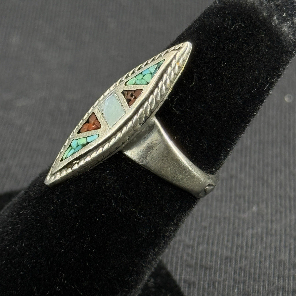Native  Turquoise Coral Crushed Inlay Sterling Silver Ring Size 4.5 925