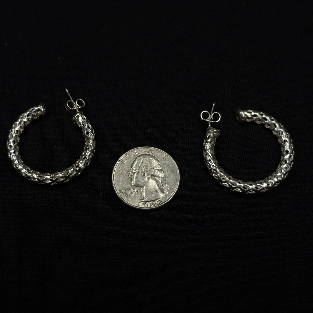 Estate Sterling Silver Earrings Open Work Mesh Hoop Stud 925