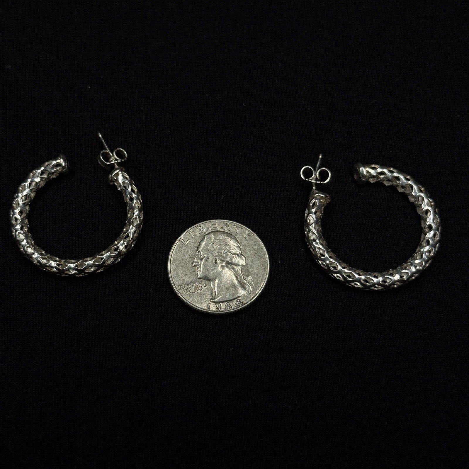 Estate Sterling Silver Earrings Open Work Mesh Hoop Stud 925