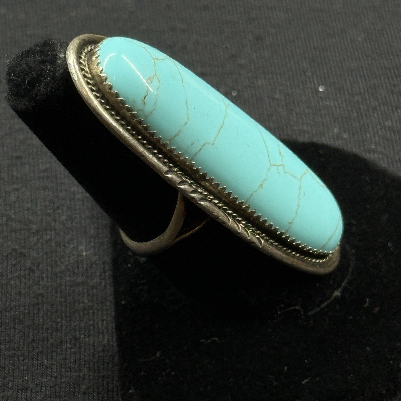 Native Turquoise Sterling Silver Ring Size 6.5 925 Dine Begaye Elongated 2 Inch