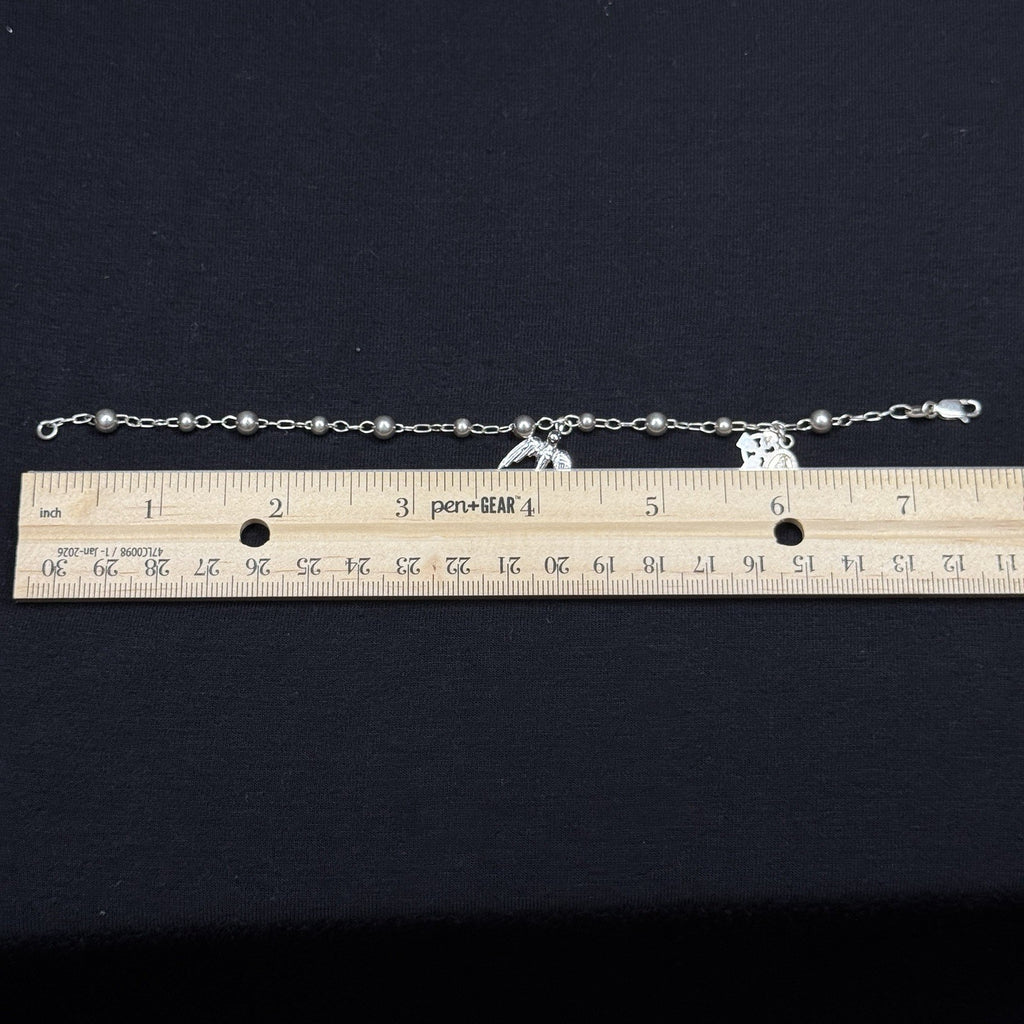 Estate Sterling Silver Rosary Bracelet Dove,Celtic Cross 925. 7 In