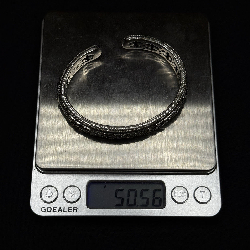Estate Judith Ripka Sterling Silver Cuff Bracelet Rope Design CZ