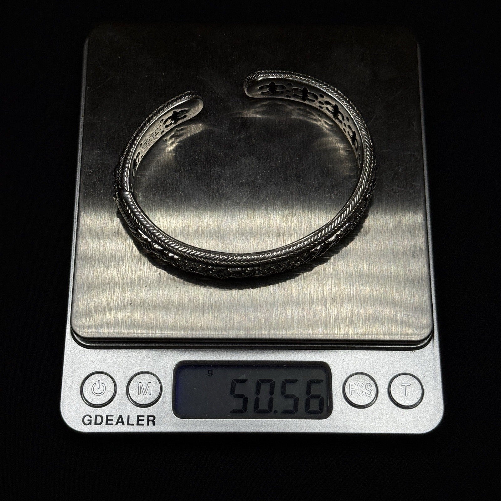 Estate Judith Ripka Sterling Silver Cuff Bracelet Rope Design CZ