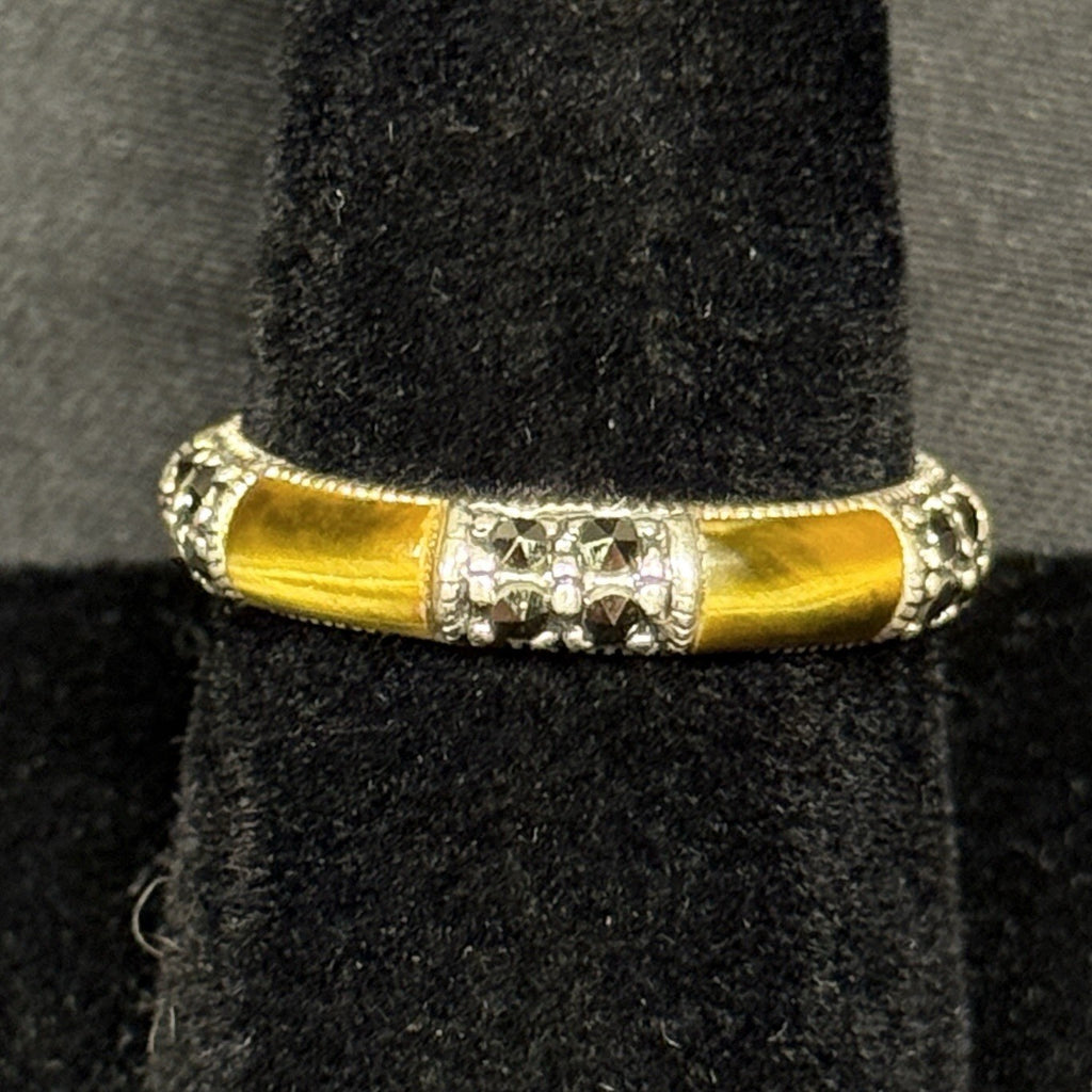 Estate Sterling Silver Ring Tiger Eye Inlay And Marcasite Size 8 925