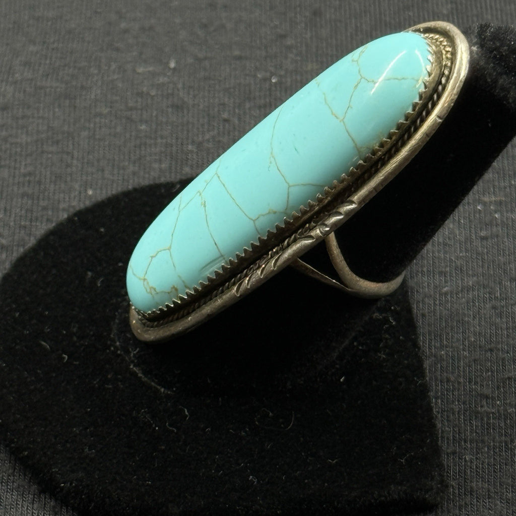 Native Turquoise Sterling Silver Ring Size 6.5 925 Dine Begaye Elongated 2 Inch