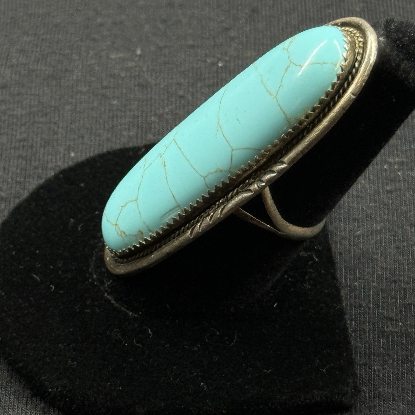 Native Turquoise Sterling Silver Ring Size 6.5 925 Dine Begaye Elongated 2 Inch
