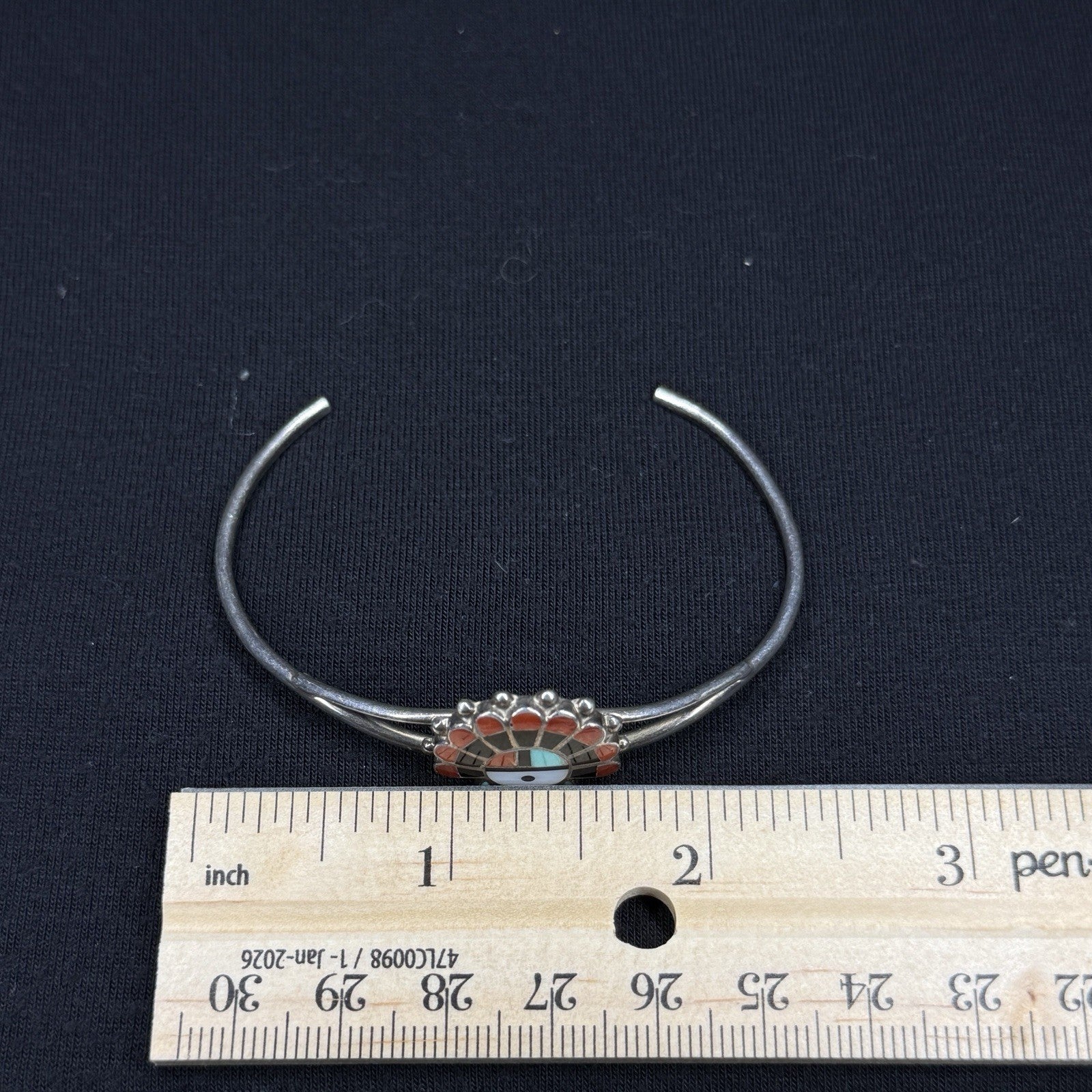 Native Sterling Silver Cuff Bracelet Zuni Sun Face Inlay Turquoise Coral 925 O R
