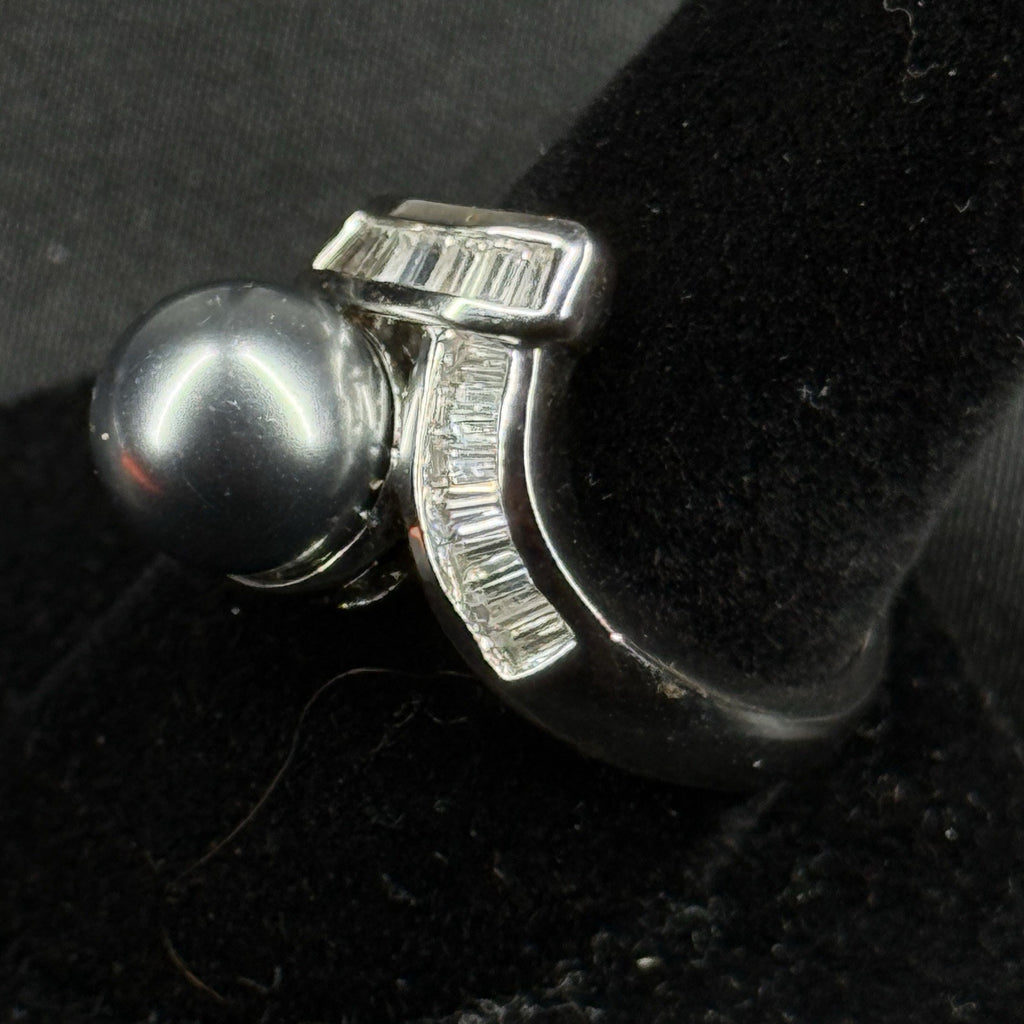 Estate Sterling Silver Ring Black Pearl Chevron Band Size 8.75 925