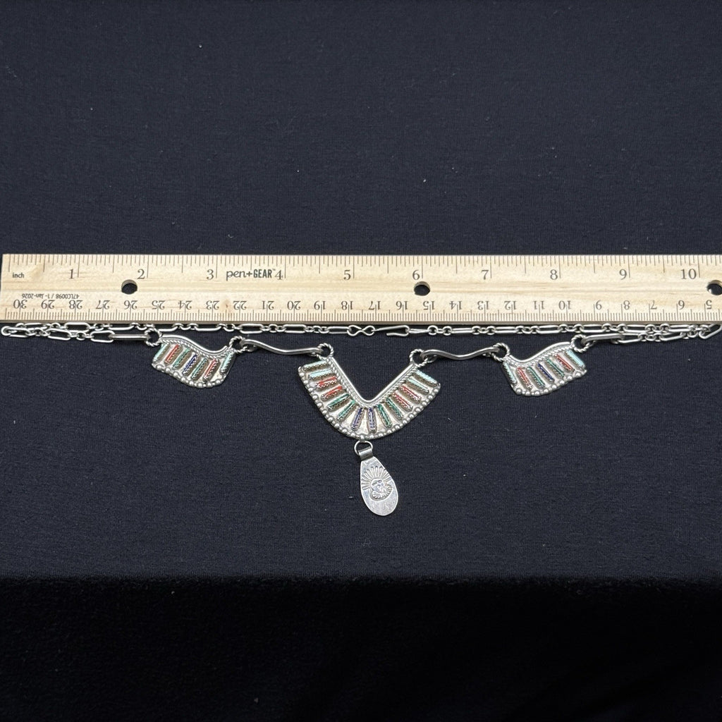 Zuni Native American Sterling Silver Multi Stone Needlepoint Bib Collar Necklace