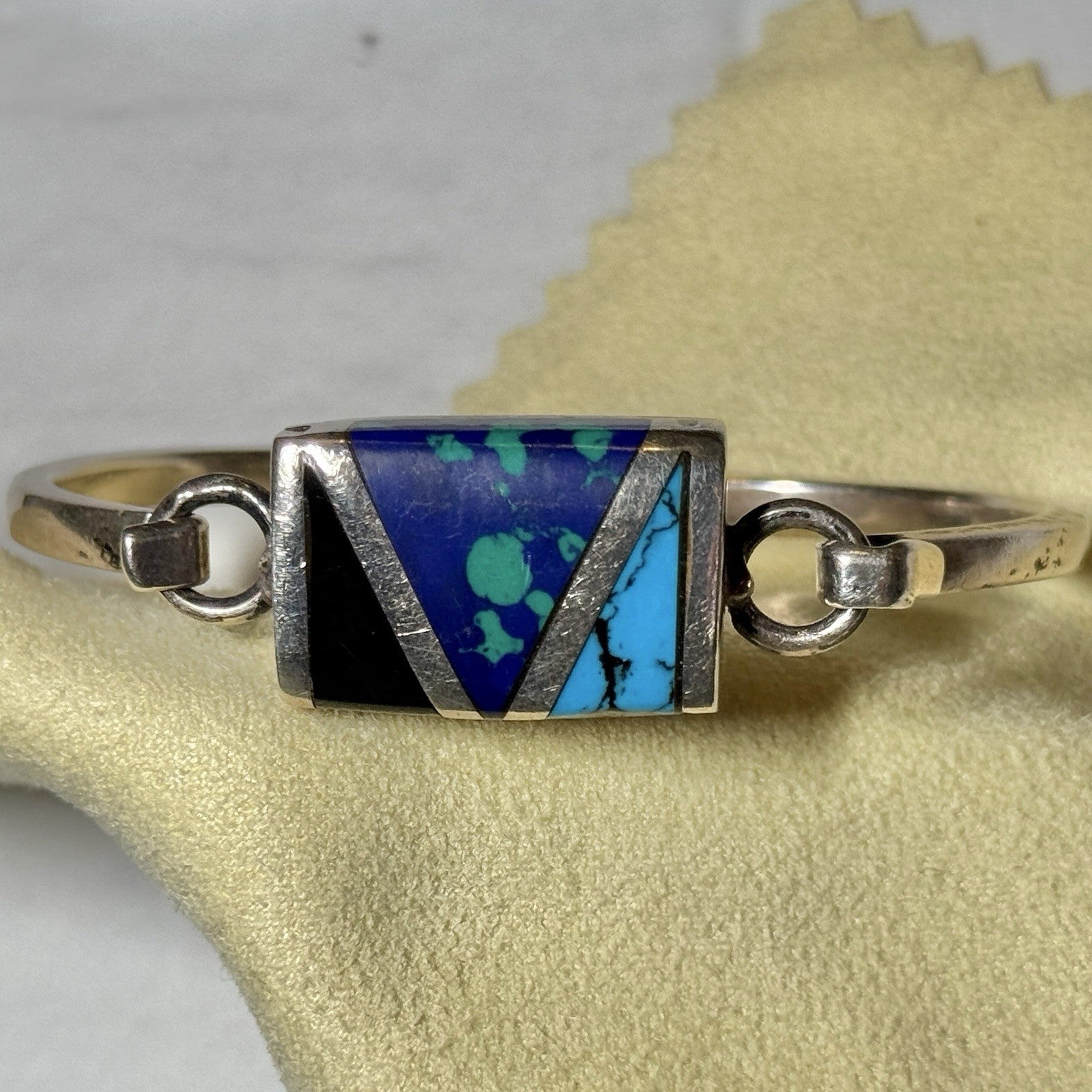 Vintage Mexico 925 Sterling Silver Inlay Cuff Bracelet Signed Plata 925 EBB