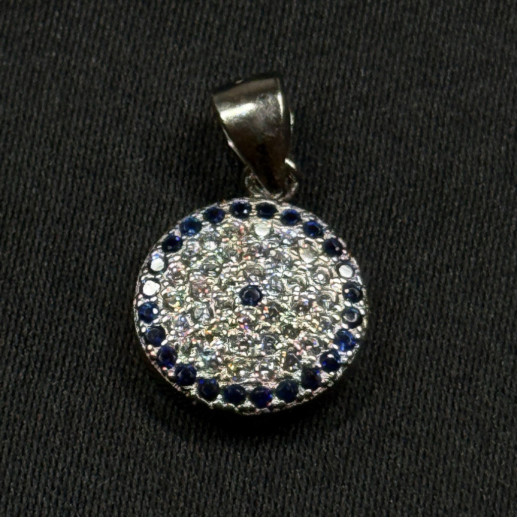 Sterling Silver 925 Round Pendant Blue CZ Halo Pave Disc