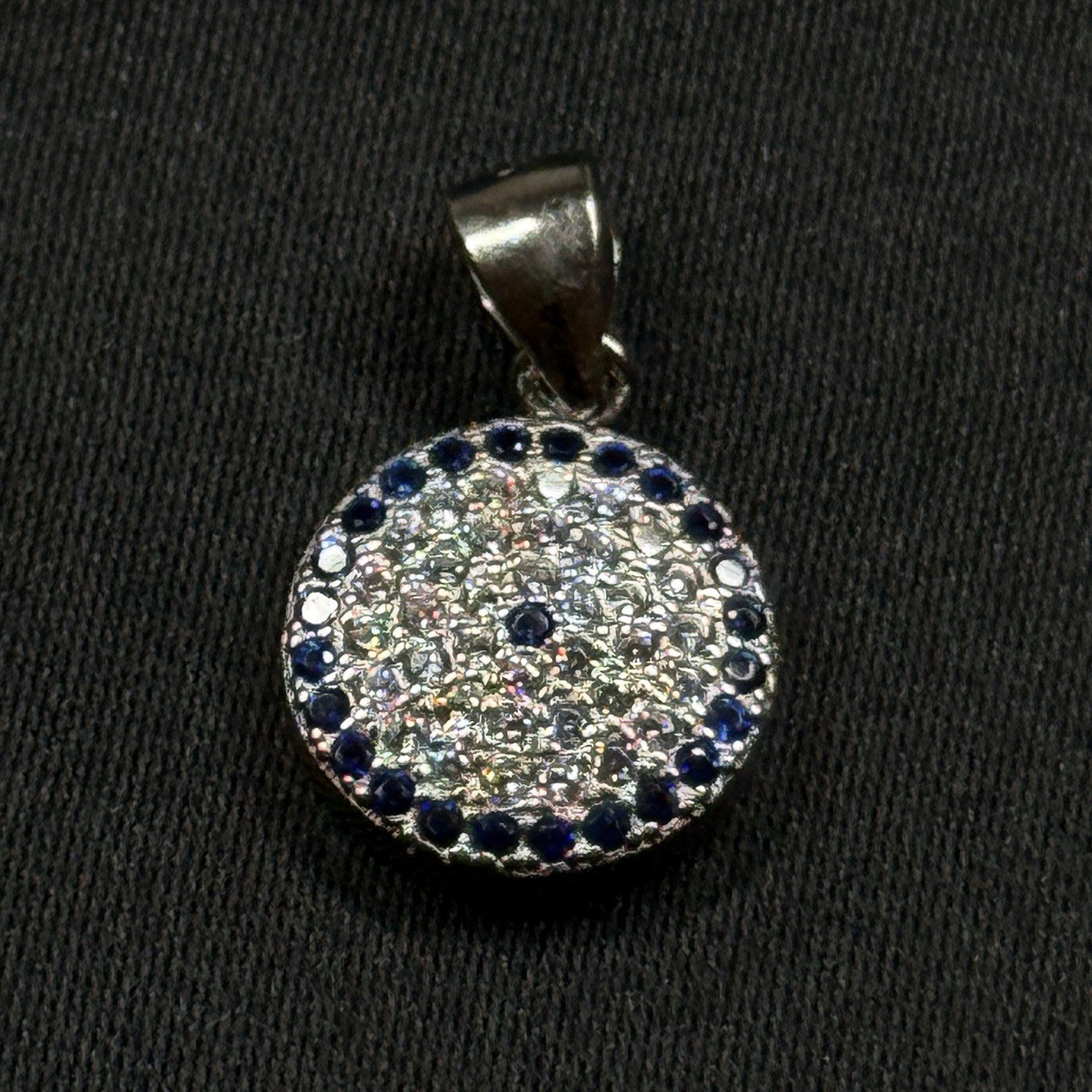 Sterling Silver 925 Round Pendant Blue CZ Halo Pave Disc