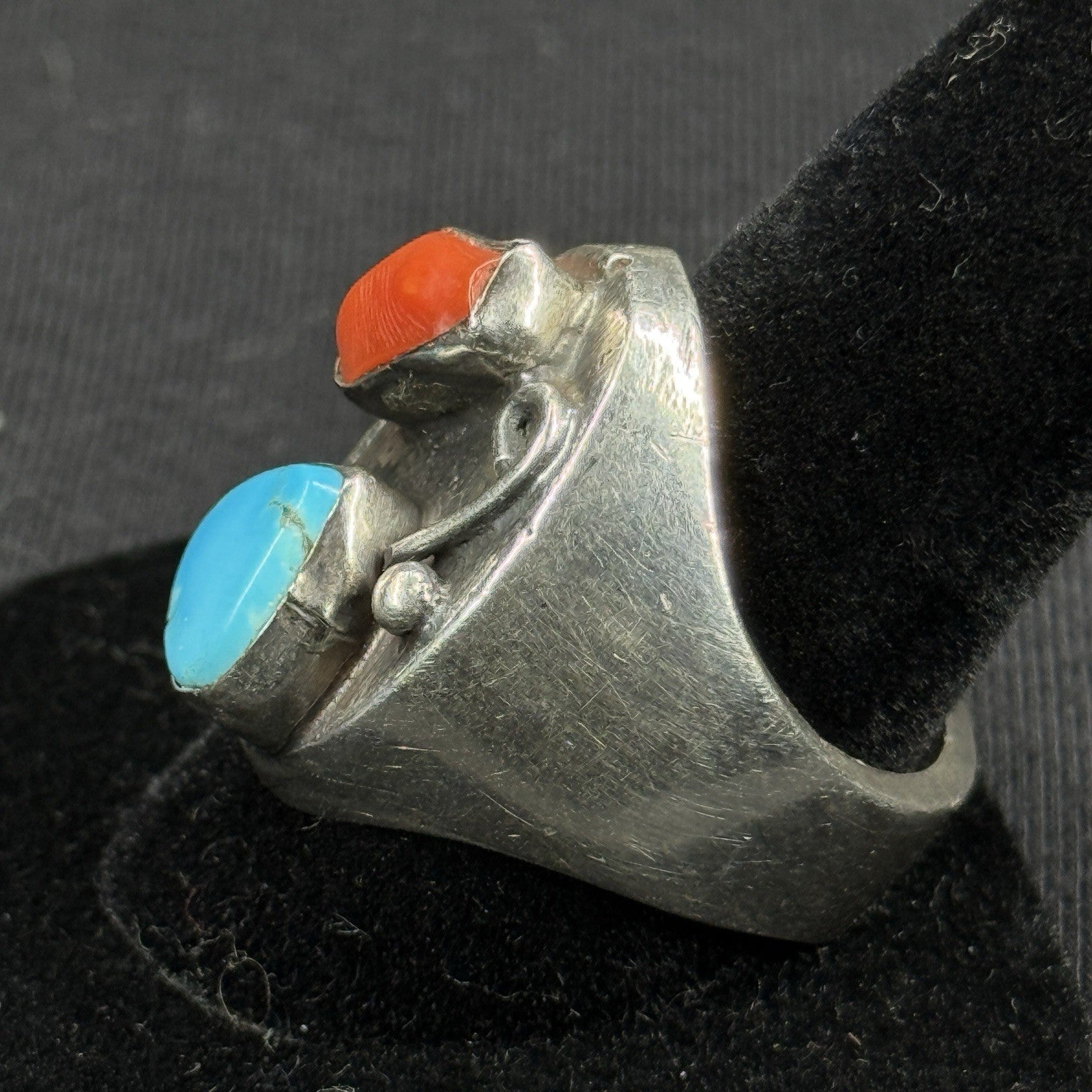 Native Turquoise Coral Large HEAVY Sterling Silver Ring Size 10 925