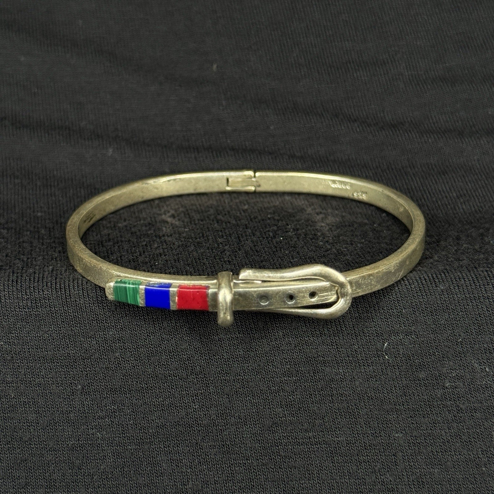 Estate Sterling Silver Belt Buckle Stone Inlay Bangle Bracelet Cuff 925 Mexico