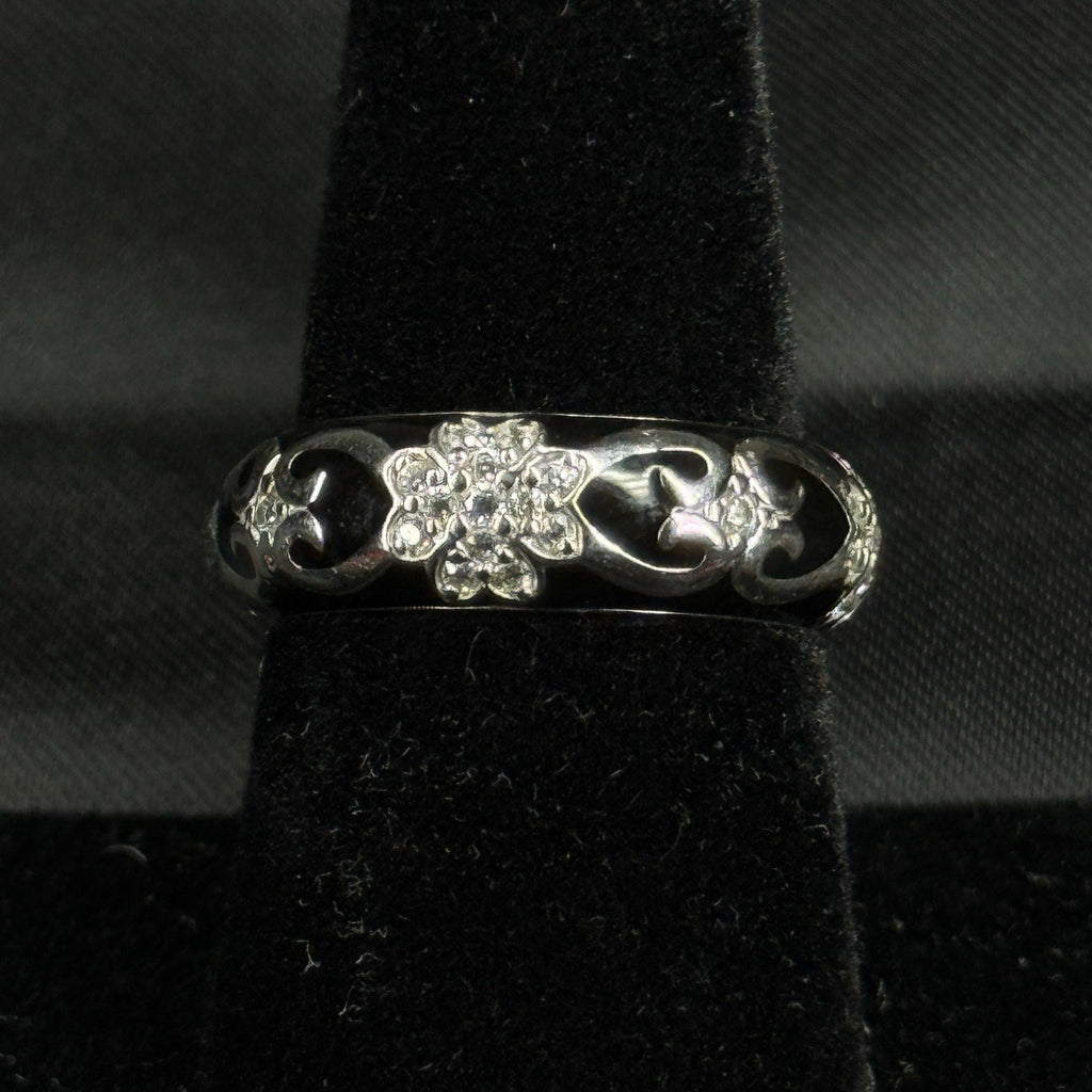 Estate Sterling Silver Ring Black Enamel CZ Floral Size 7 925