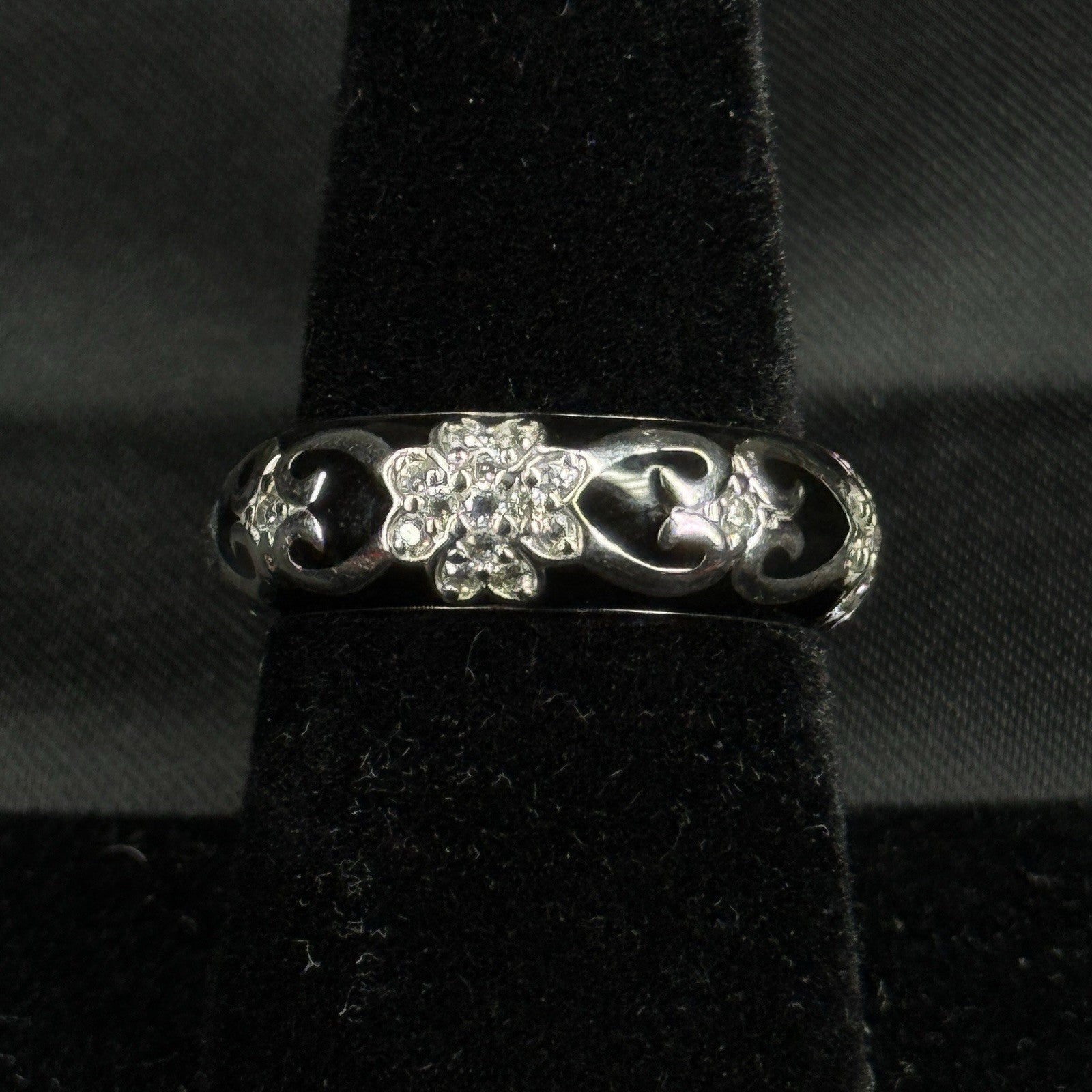 Estate Sterling Silver Ring Black Enamel CZ Floral Size 7 925