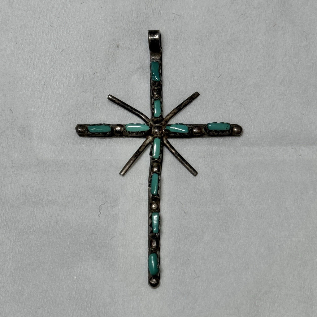 Vintage Native American Indian Navajo Cross Sterling Silver Turquoise Pendant