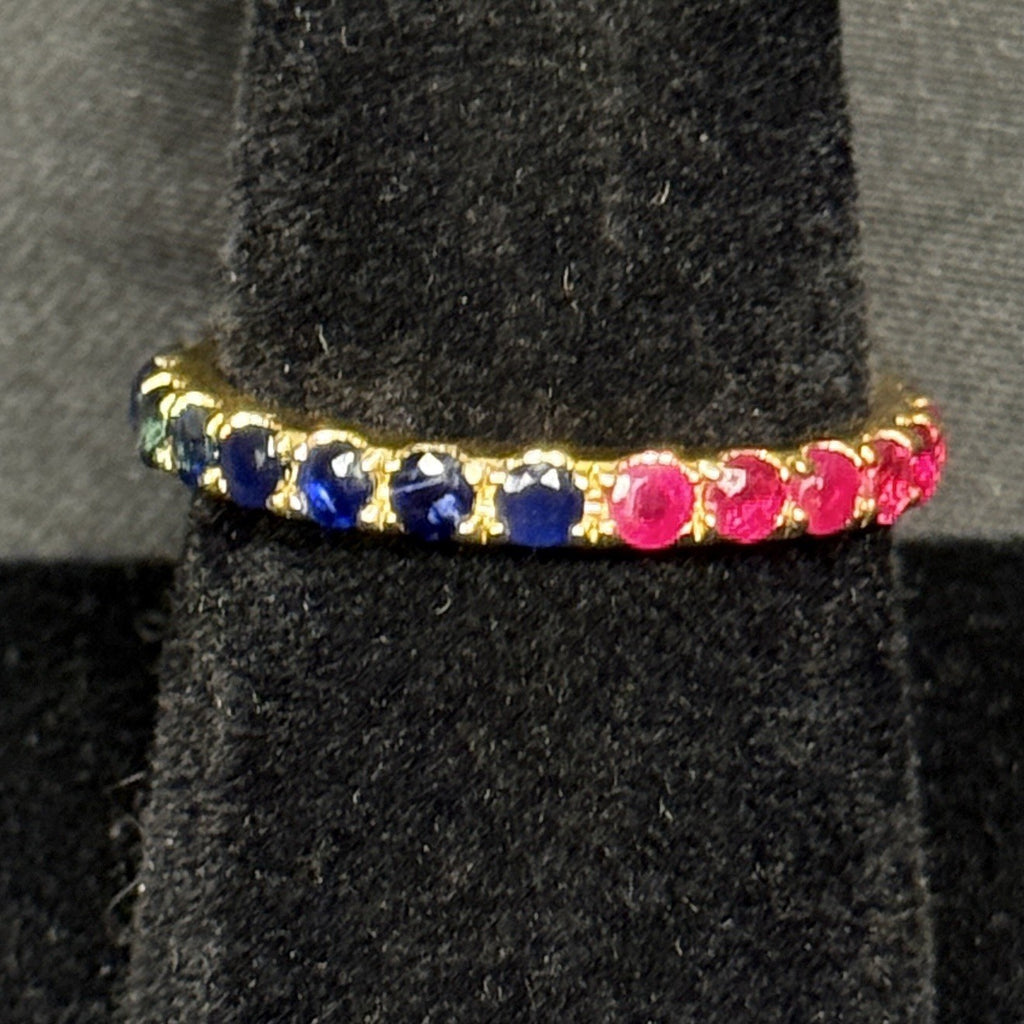 Estate Sterling Silver Gold Eternity Half Ring Rubies Sapphires Size 7.75 925