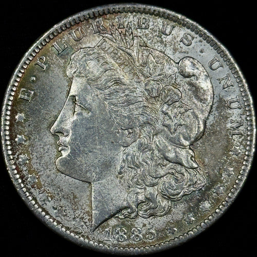 1885-O Morgan Silver Dollar Raw About Uncirculated Slider Original Toned Rainbow