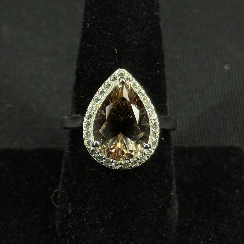Estate Sterling Silver Ring Pear Cut Smoky Quartz Halo Ring Size 7.5 925 Djoy