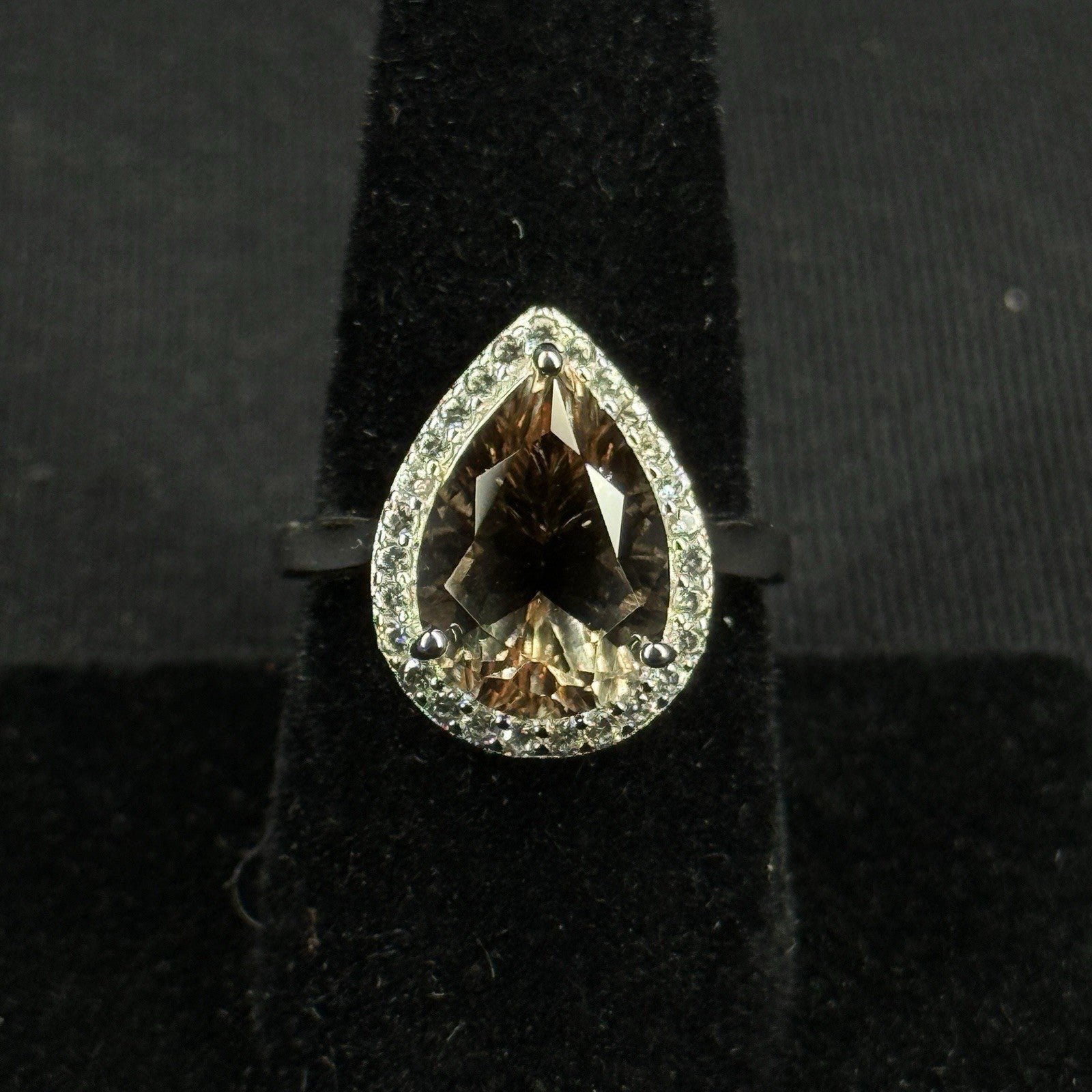 Estate Sterling Silver Ring Pear Cut Smoky Quartz Halo Ring Size 7.5 925 Djoy