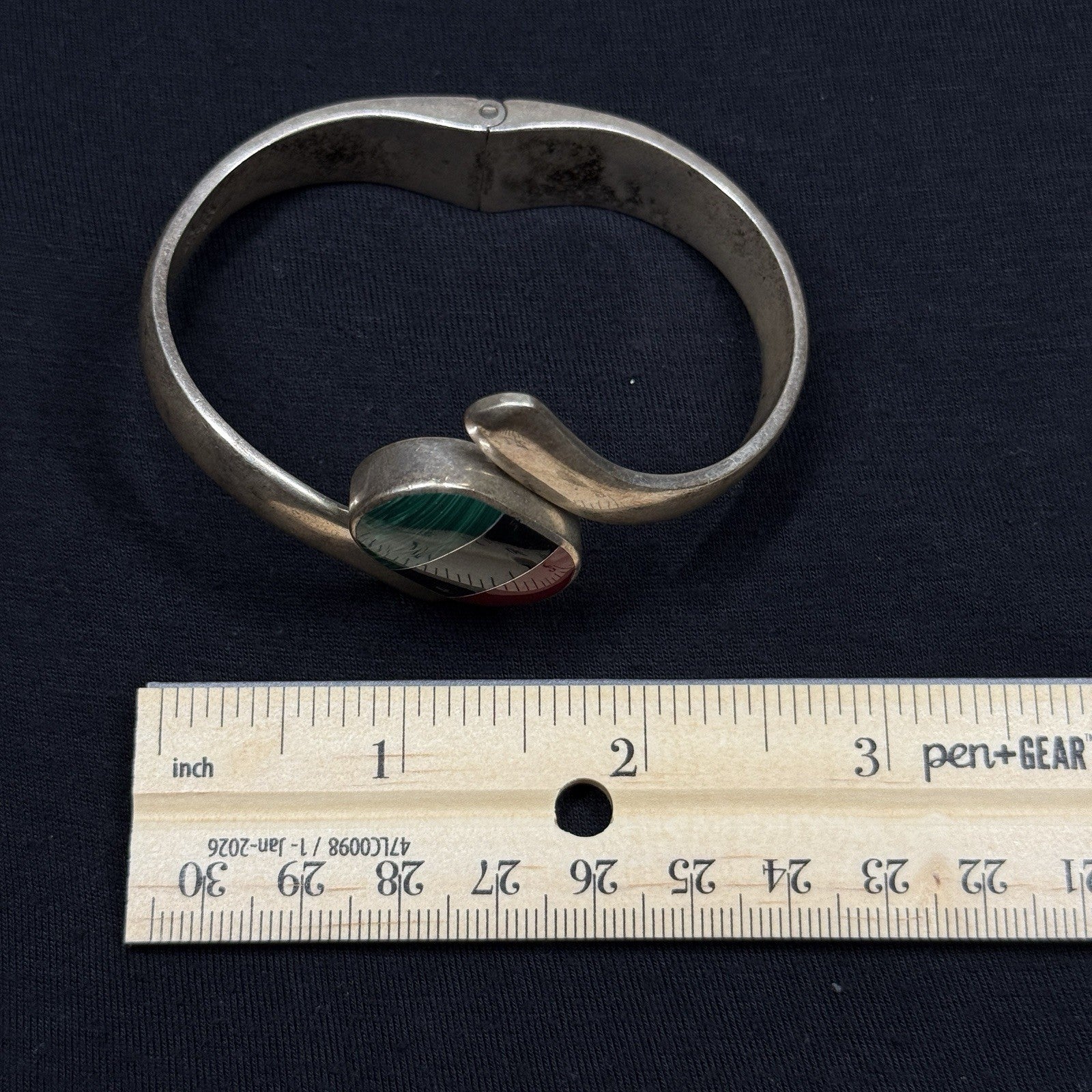 Estate Sterling Silver Stone Inlay Clamp Bangle Bracelet Cuff 925 Mexico HEAVY