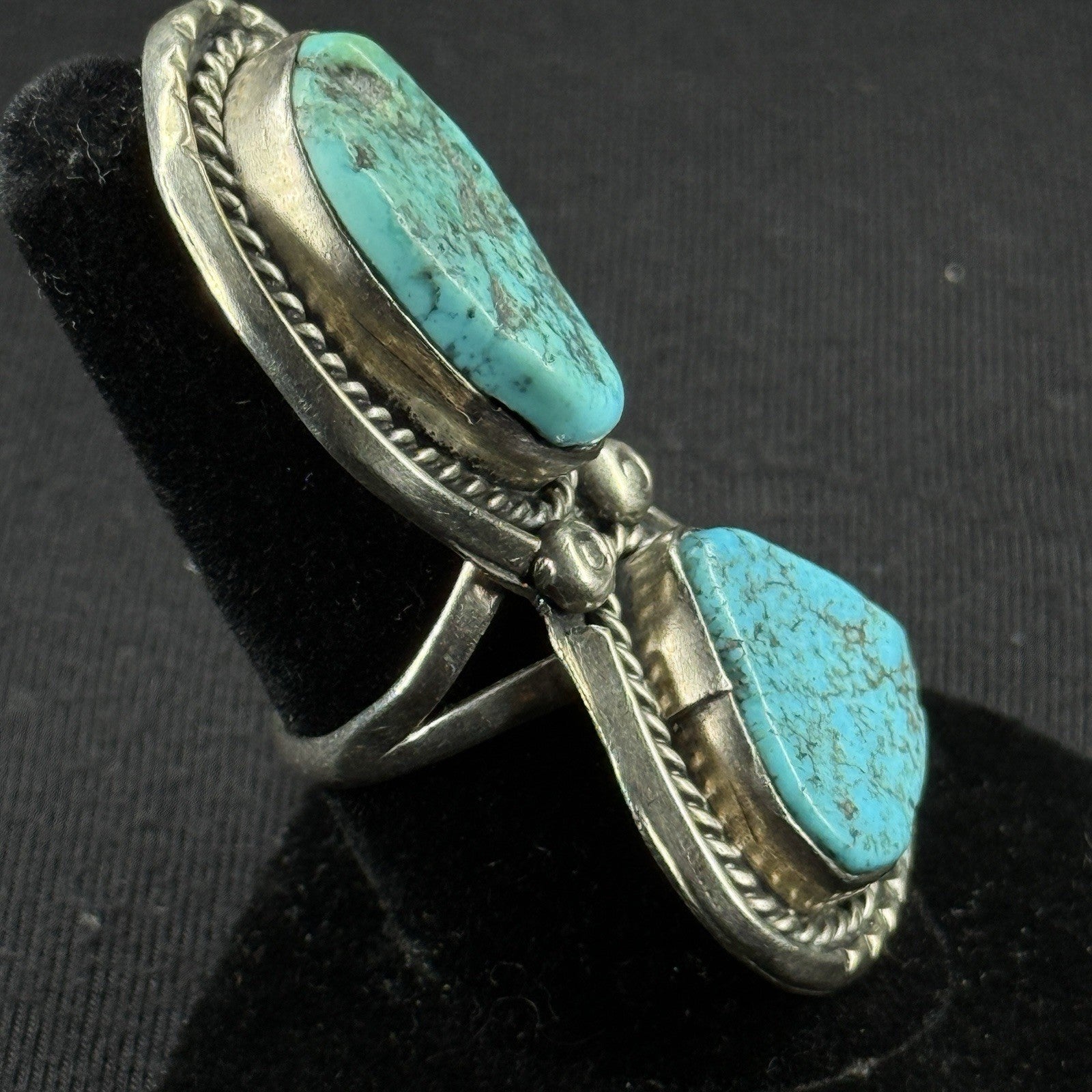Large Native Double Turquoise Sterling Silver Ring Navajo Size 7 925 ZIT