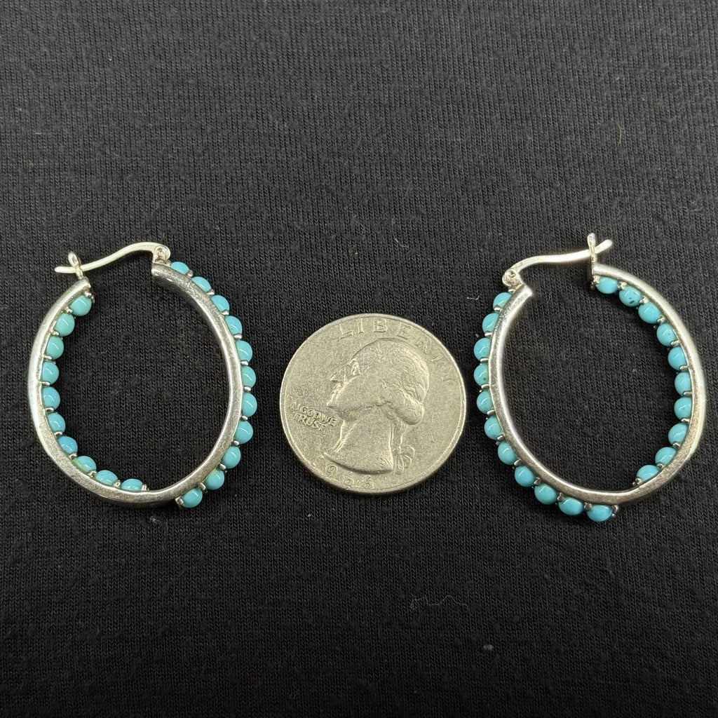 Estate Sterling Silver Earrings Turquoise Hoop SX 925
