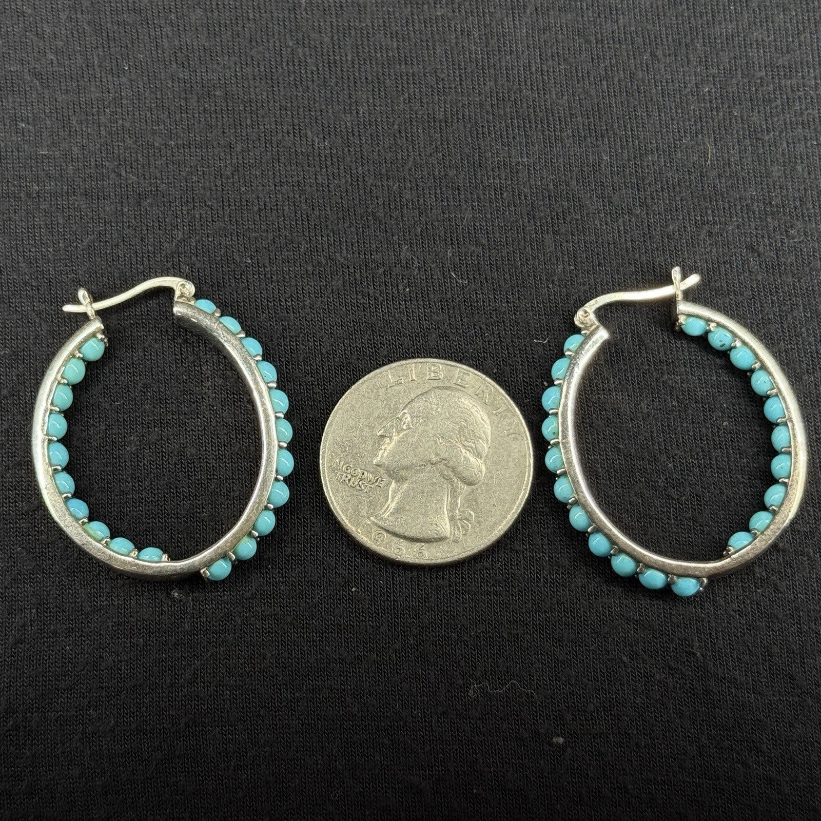 Estate Sterling Silver Earrings Turquoise Hoop SX 925