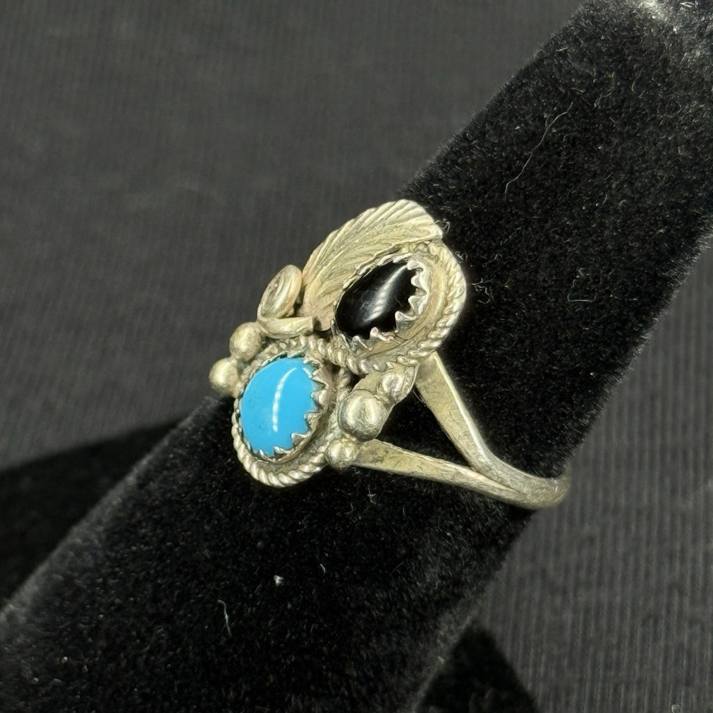 Native Turquoise Black Oynx Sterling Silver Ring Size 5 925 Hand Script