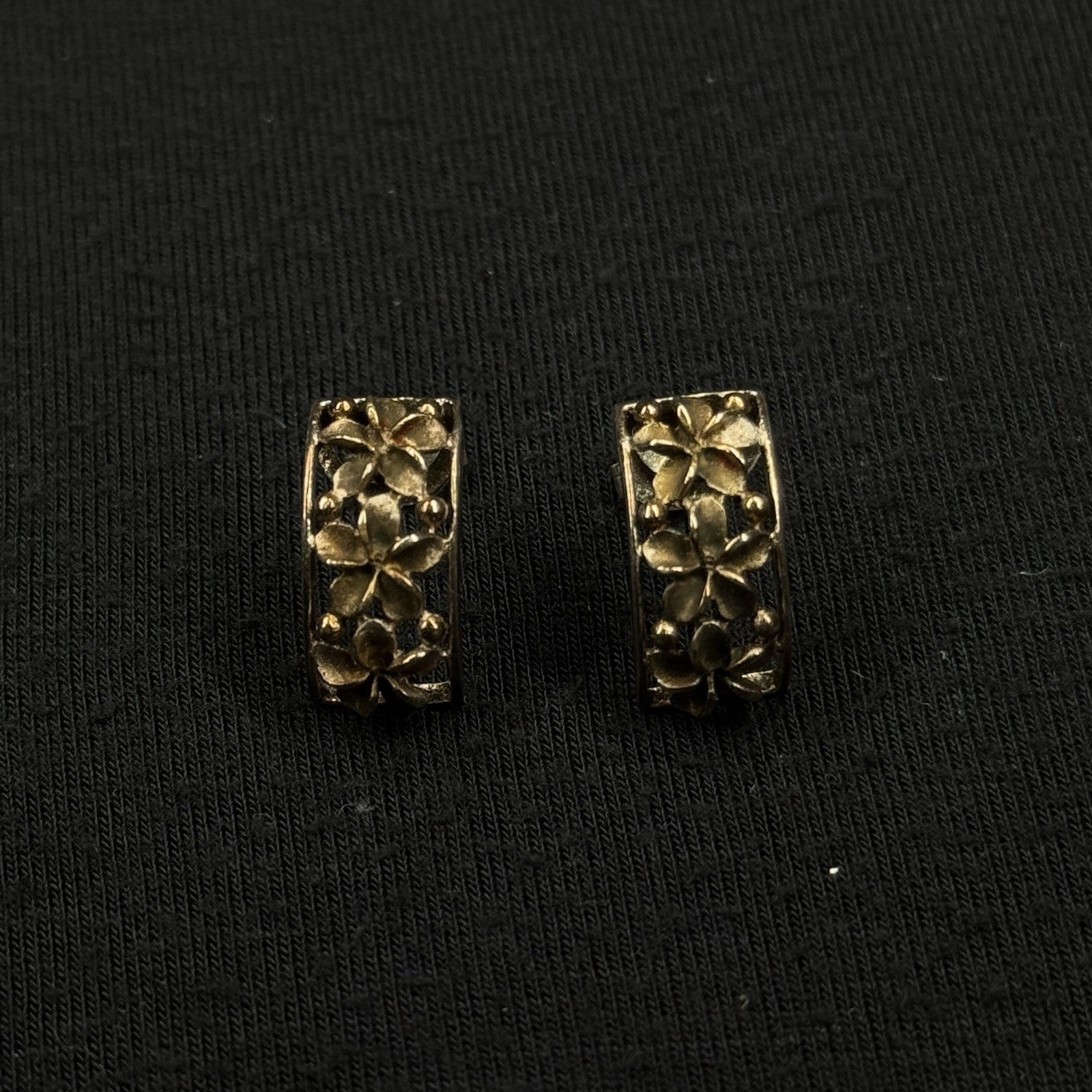 Estate Sterling Silver Earrings Flower Half Hoop 925 A