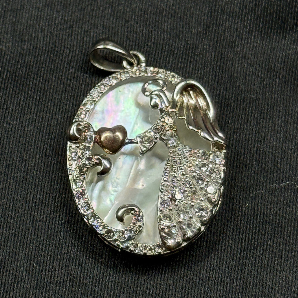 Guardian Angel Pendant 925 Sterling Silver CZ Mother of Pearl Heart