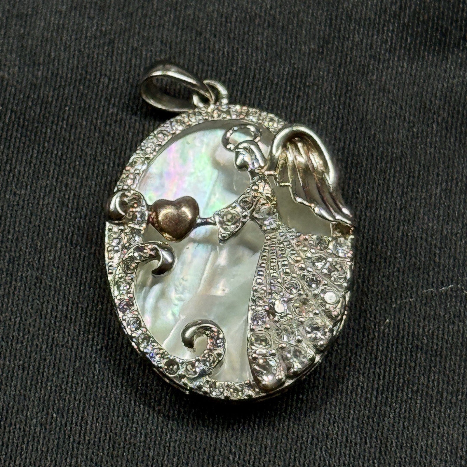 Guardian Angel Pendant 925 Sterling Silver CZ Mother of Pearl Heart