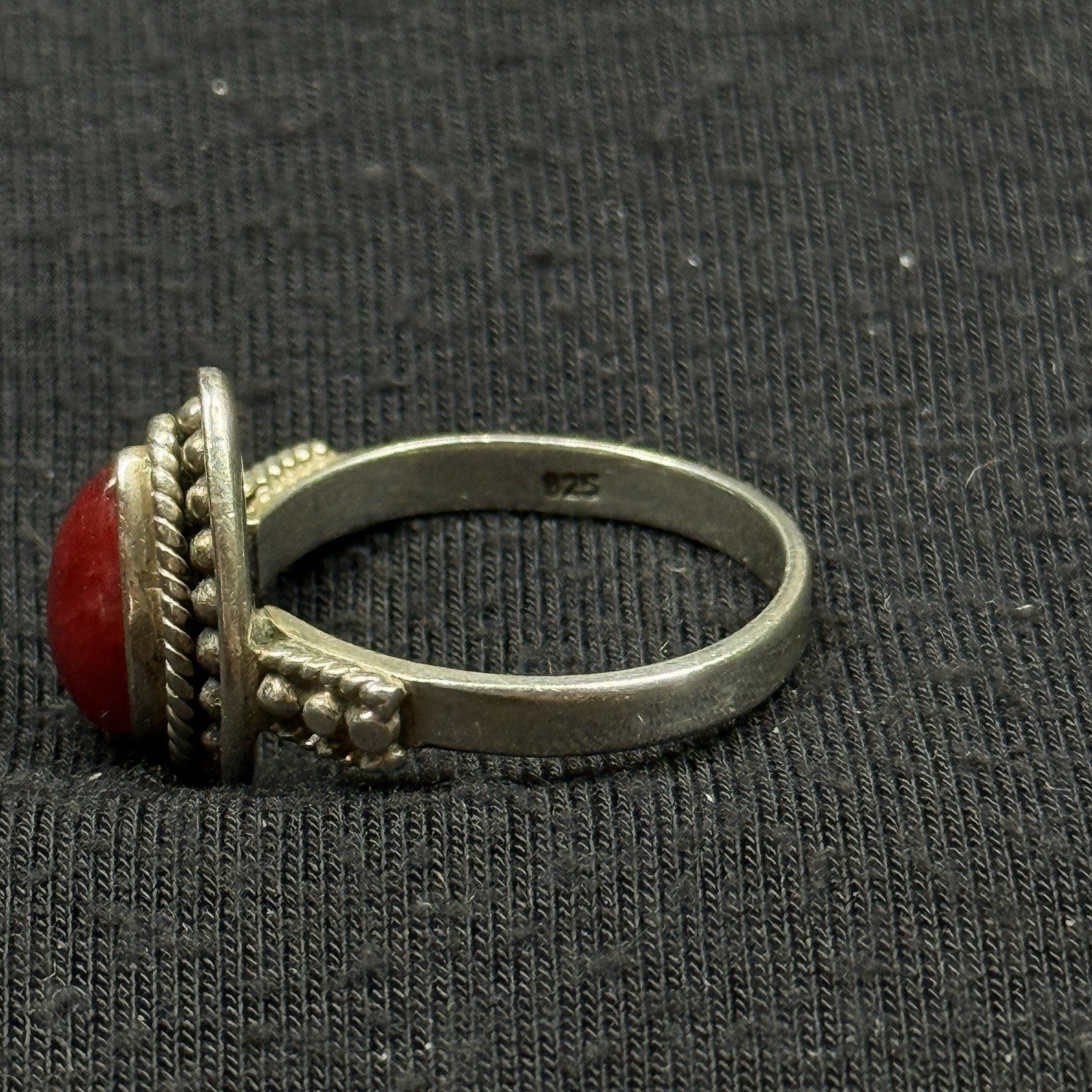 Boho Red Coral Pear Cabochon Sterling Silver Ring Size 8 925