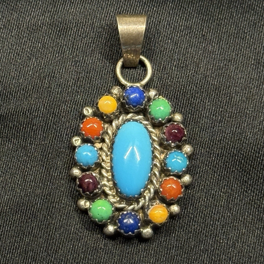 Native American Sterling Silver Pendant Turquoise Multi Stone Signed SRY GP