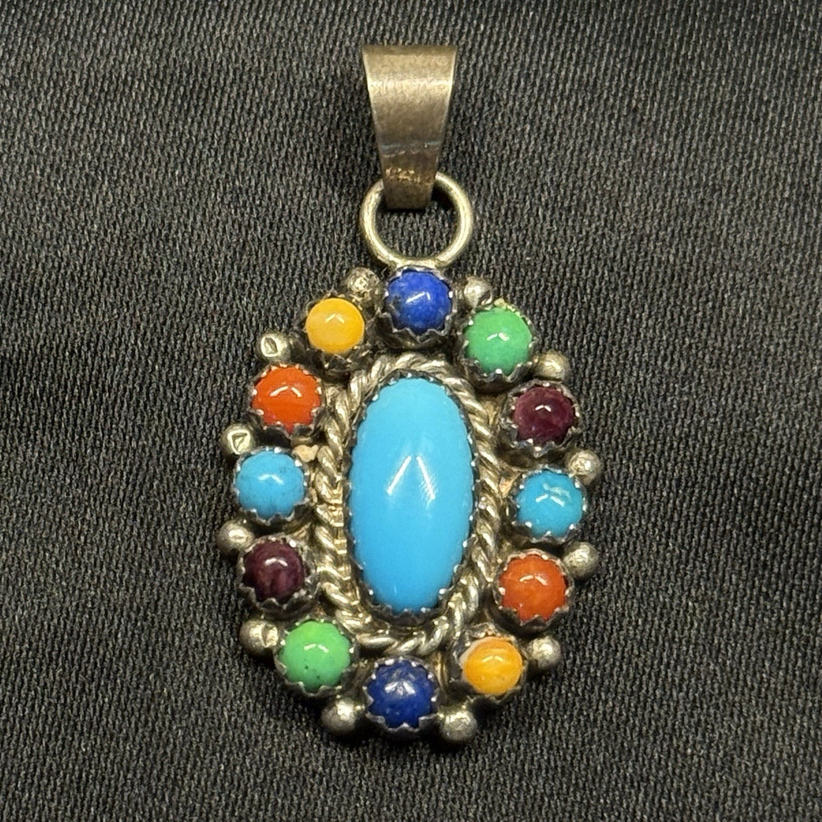Native American Sterling Silver Pendant Turquoise Multi Stone Signed SRY GP