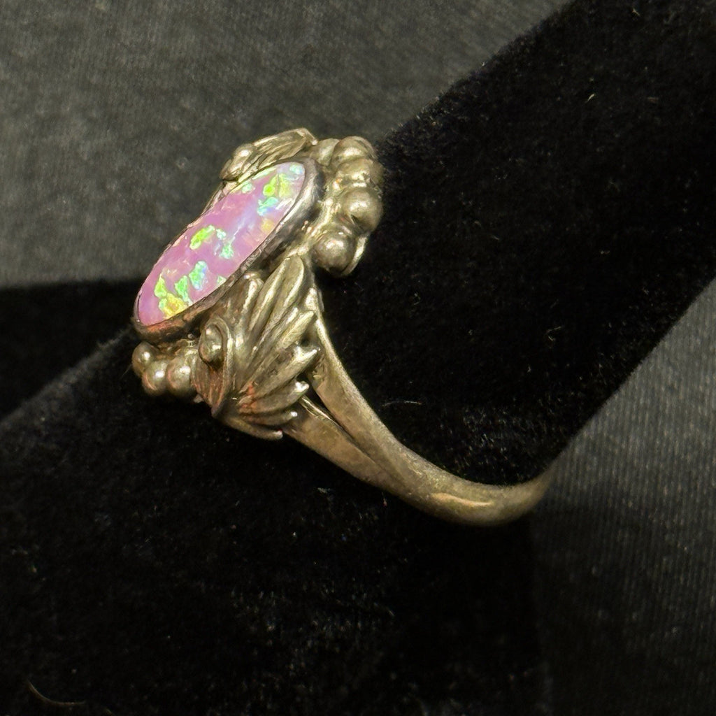 Native American Sterling Silver Ring Pink Fire Opal Running Bear RB Size 5.5