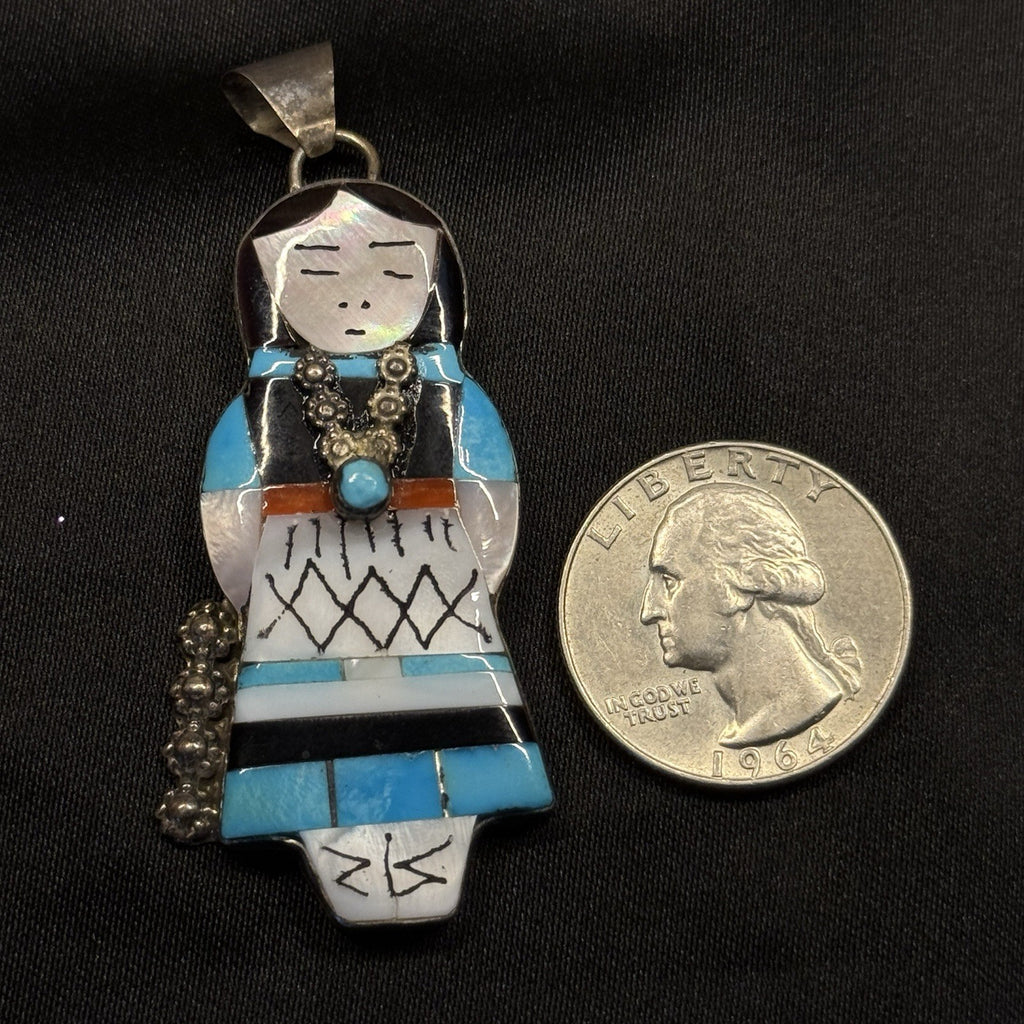 Native American Sterling Silver Pendant Zuni Maiden Inlay Signed Joyce Waseta