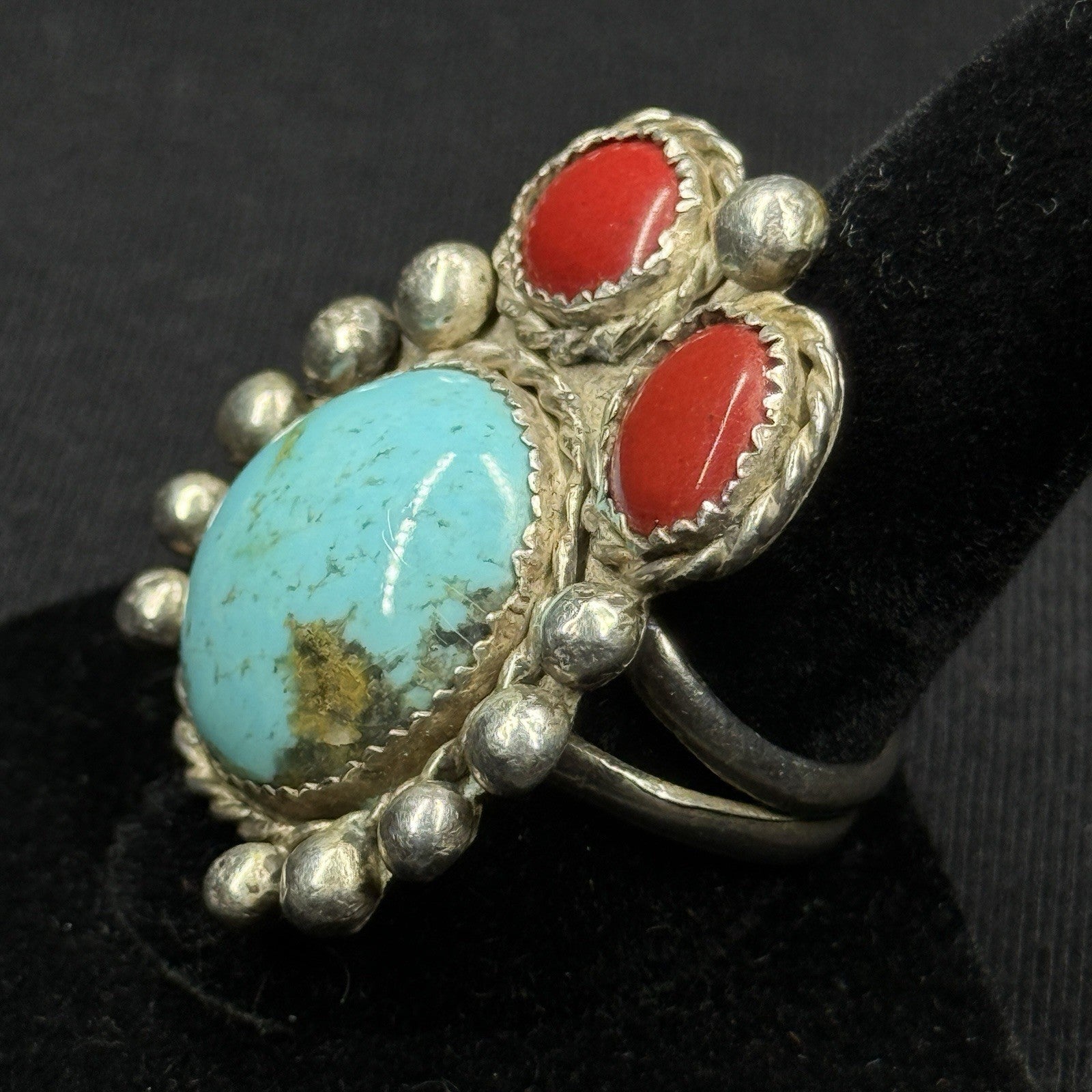 Native Turquoise Coral Large Unique Sterling Silver Ring Size 8 925