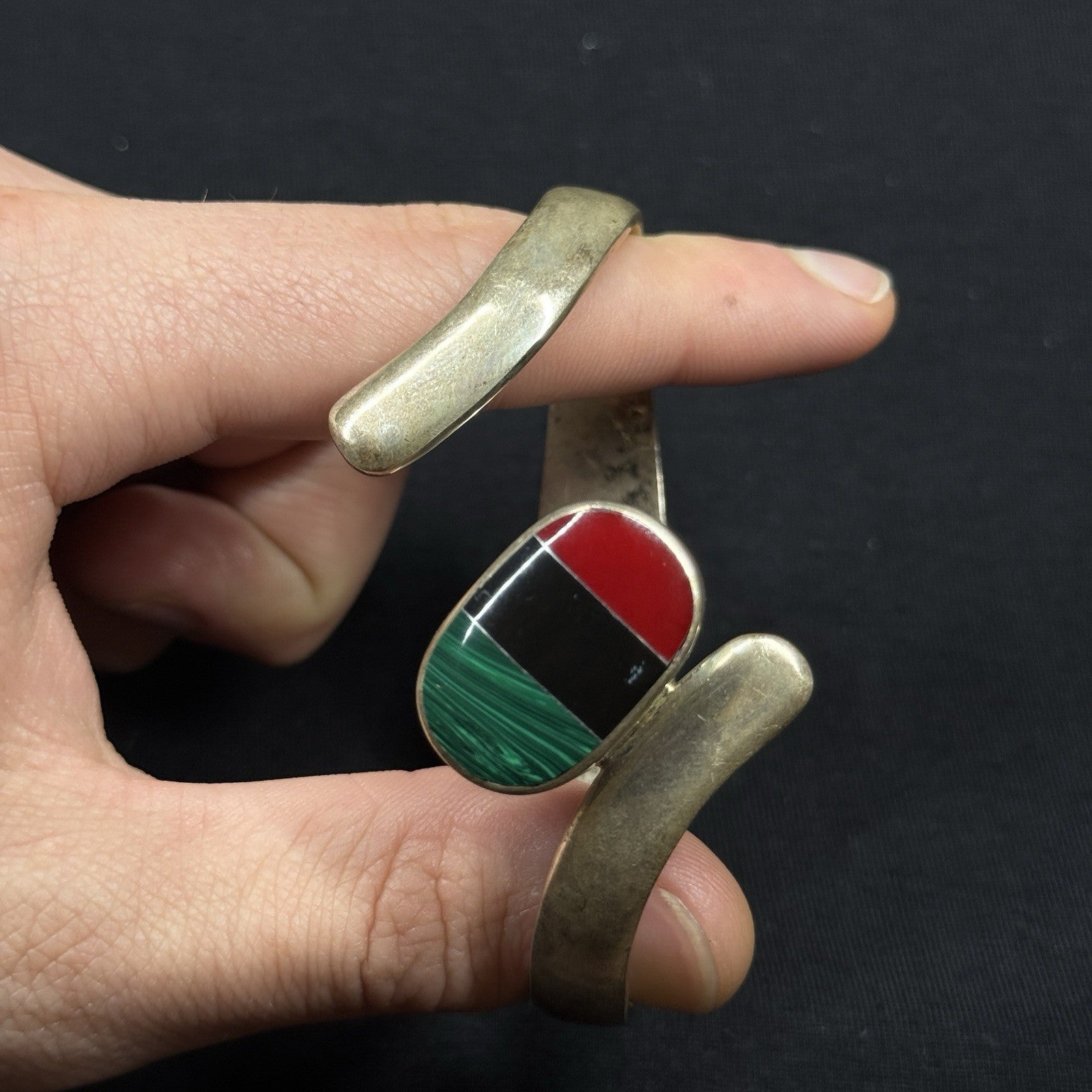 Estate Sterling Silver Stone Inlay Clamp Bangle Bracelet Cuff 925 Mexico HEAVY