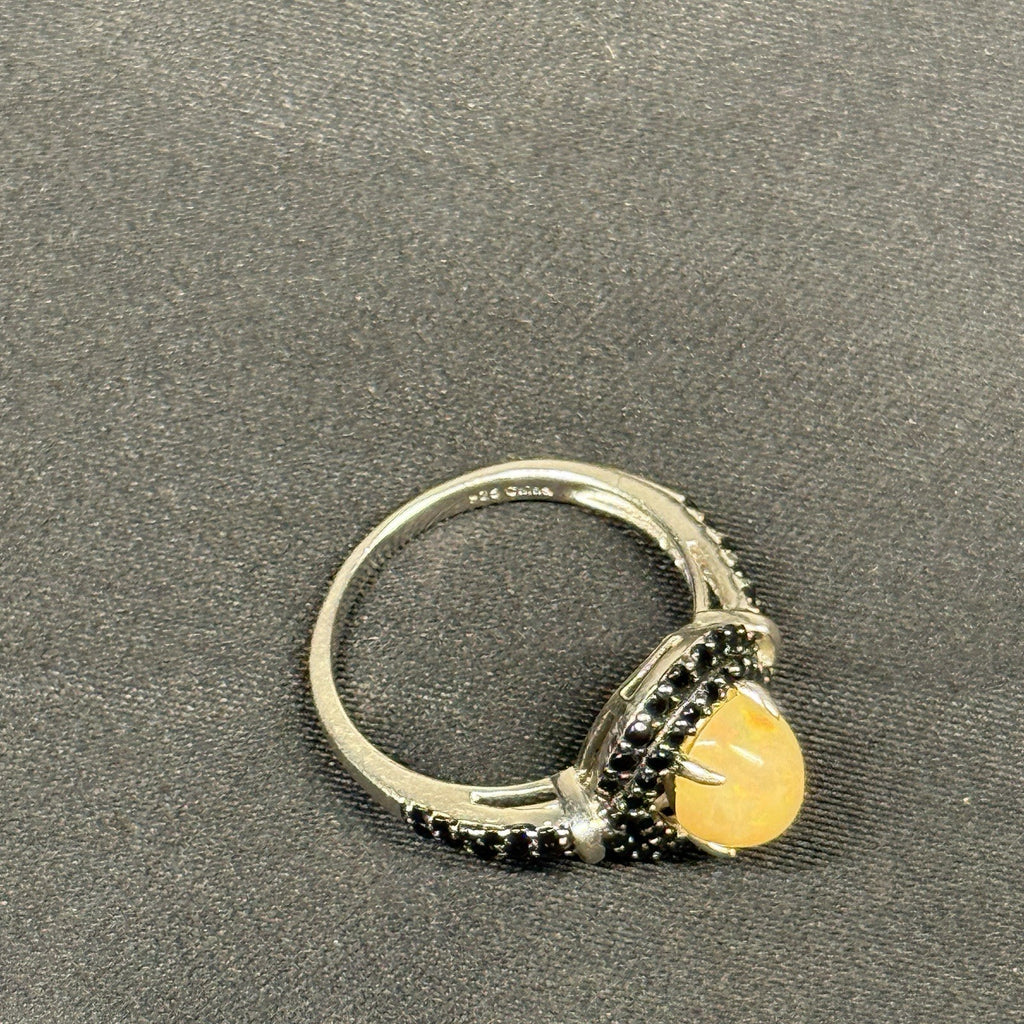 Estate Sterling Silver Ring Stone Gold Opal Black Glass Halo SZ 8 925