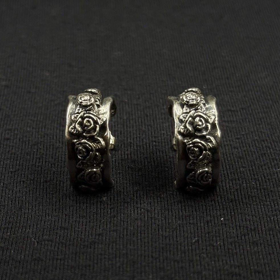 Estate Sterling Silver Earrings Floral  Half Hoop Stud 925 Israel