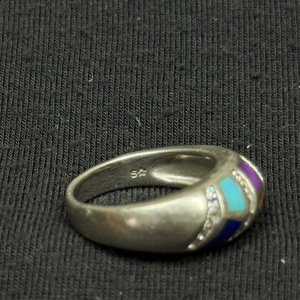 Estate Sterling Silver Stone Inlay CZ Ring Band Size 6 925