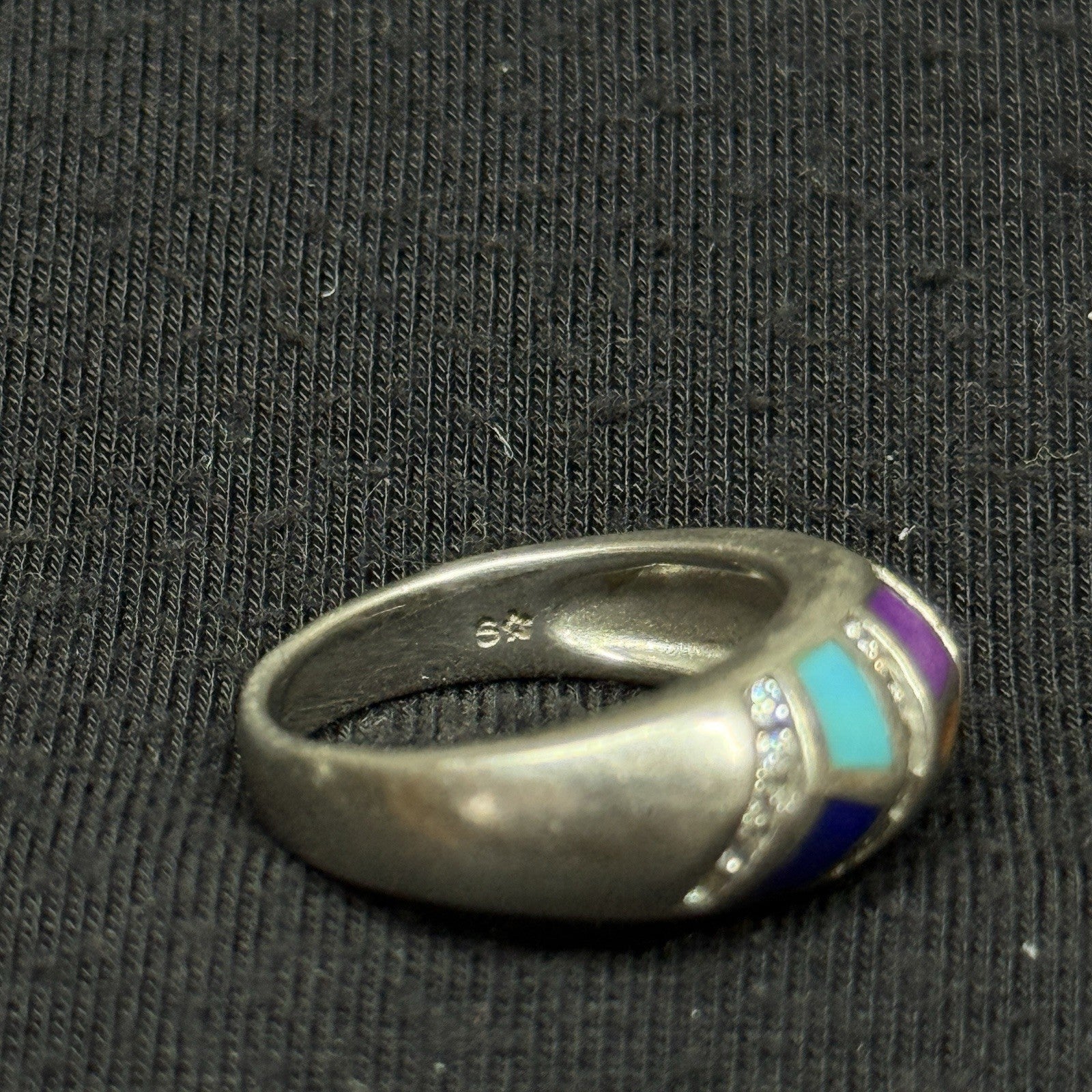 Estate Sterling Silver Stone Inlay CZ Ring Band Size 6 925