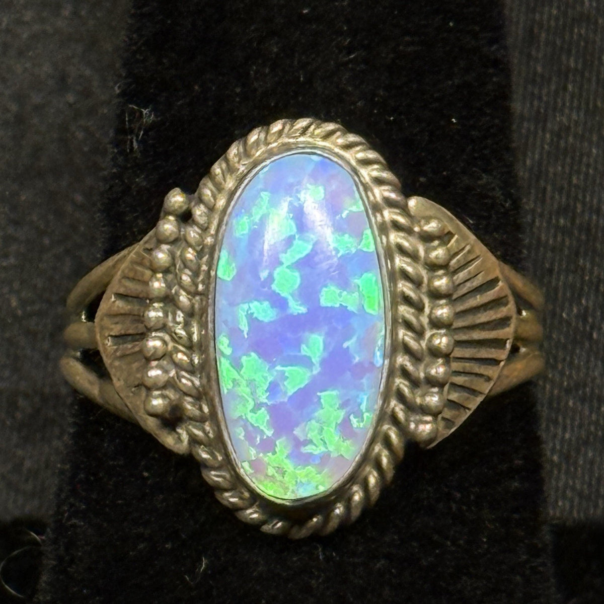 Native American Sterling Silver Ring Blue Fire Opal Signed J.Mariano Sz 7 Navajo