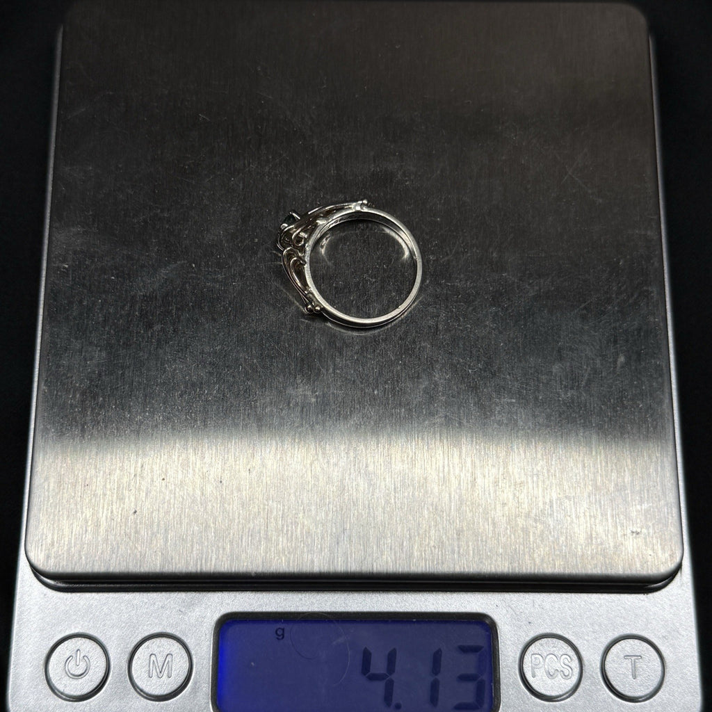 Estate 14k White Gold Ring Round Green Emerald Signed E Magee  Size 6.75 .585