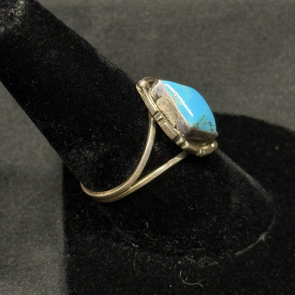 Native Running Bear Sterling Silver Ring Turquoise Signed RB Size 7.5